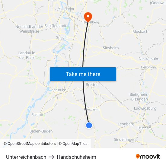 Unterreichenbach to Handschuhsheim map