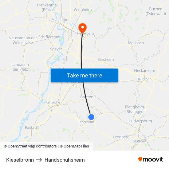Kieselbronn to Handschuhsheim map