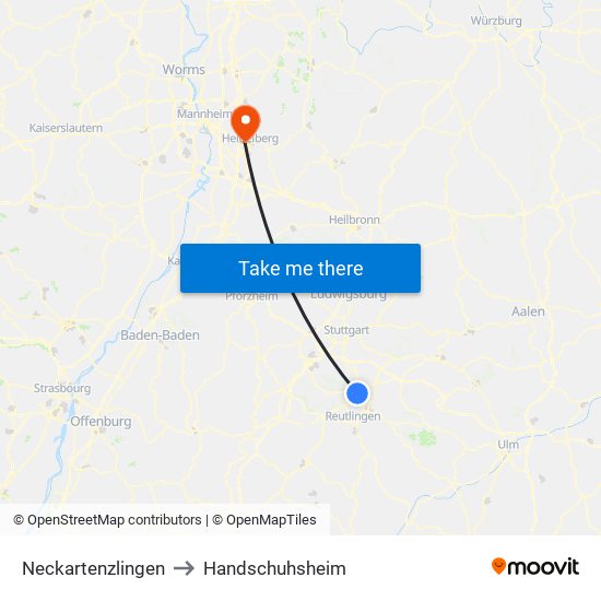 Neckartenzlingen to Handschuhsheim map