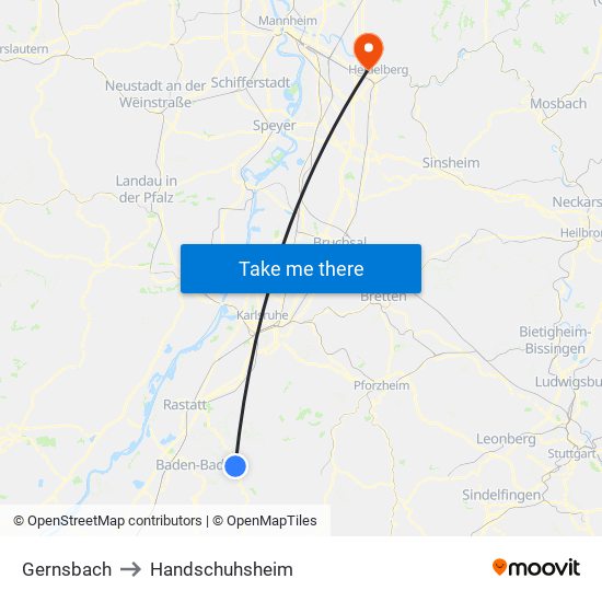 Gernsbach to Handschuhsheim map