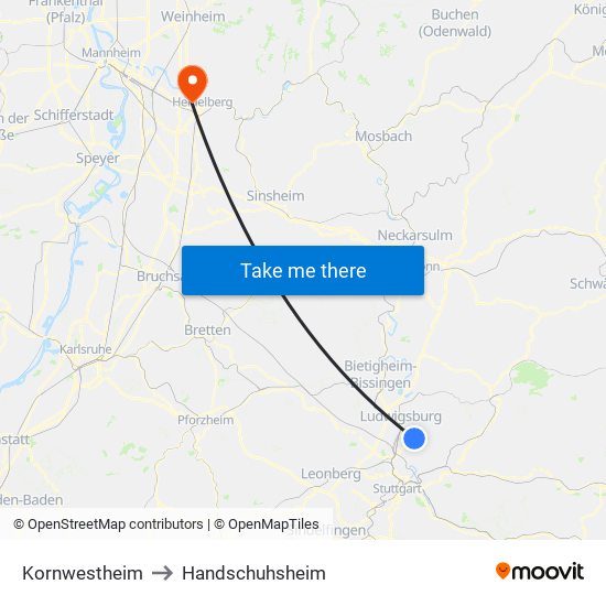 Kornwestheim to Handschuhsheim map