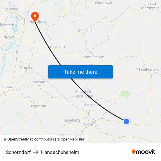 Schorndorf to Handschuhsheim map