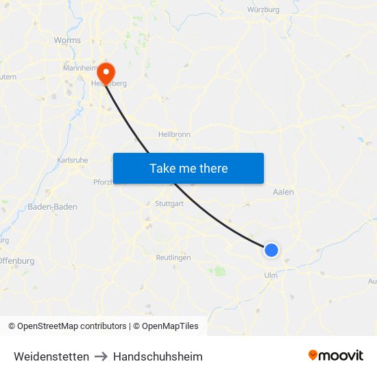 Weidenstetten to Handschuhsheim map