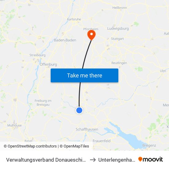 Verwaltungsverband Donaueschingen to Unterlengenhardt map