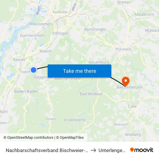 Nachbarschaftsverband Bischweier-Kuppenheim to Unterlengenhardt map