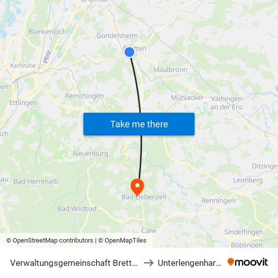 Verwaltungsgemeinschaft Bretten to Unterlengenhardt map