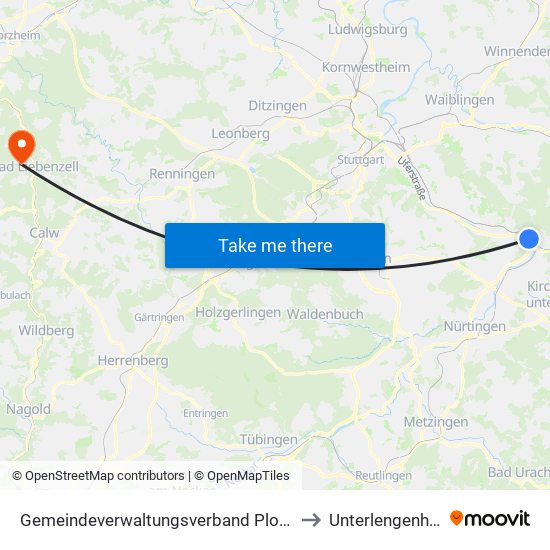 Gemeindeverwaltungsverband Plochingen to Unterlengenhardt map