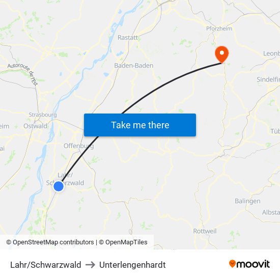 Lahr/Schwarzwald to Unterlengenhardt map