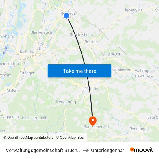 Verwaltungsgemeinschaft Bruchsal to Unterlengenhardt map