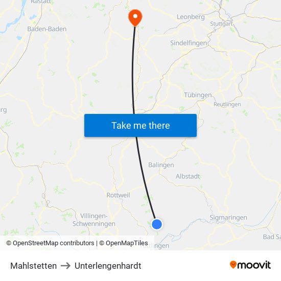 Mahlstetten to Unterlengenhardt map