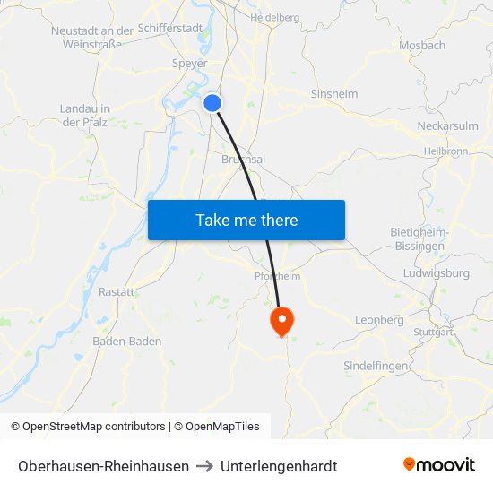 Oberhausen-Rheinhausen to Unterlengenhardt map