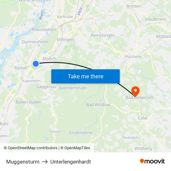 Muggensturm to Unterlengenhardt map