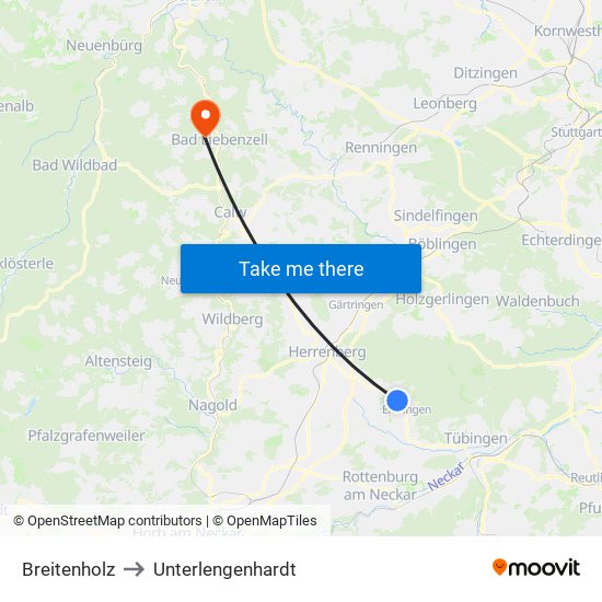 Breitenholz to Unterlengenhardt map