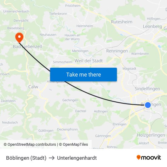 Böblingen (Stadt) to Unterlengenhardt map