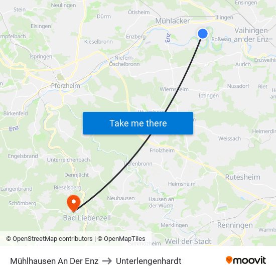 Mühlhausen An Der Enz to Unterlengenhardt map