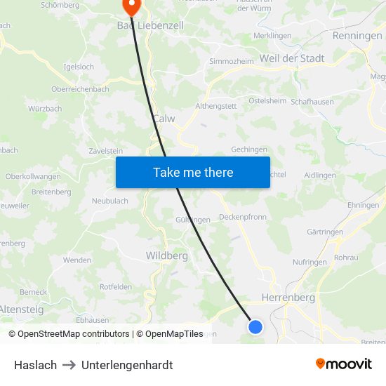 Haslach to Unterlengenhardt map