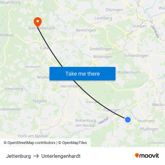 Jettenburg to Unterlengenhardt map