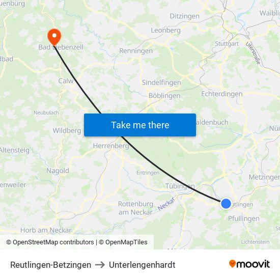 Reutlingen-Betzingen to Unterlengenhardt map