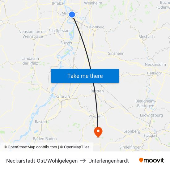 Neckarstadt-Ost/Wohlgelegen to Unterlengenhardt map