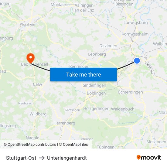 Stuttgart-Ost to Unterlengenhardt map
