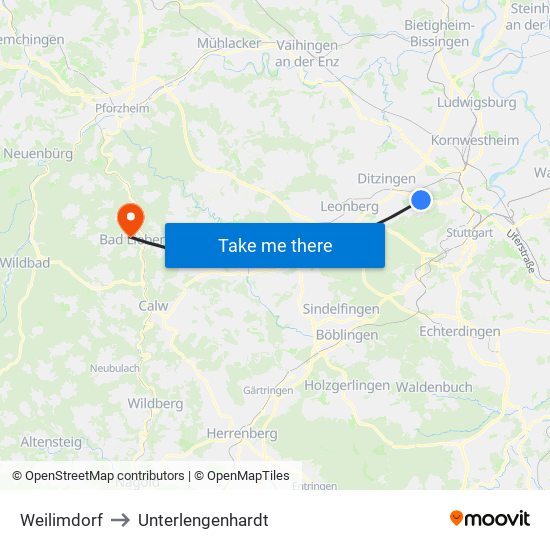 Weilimdorf to Unterlengenhardt map