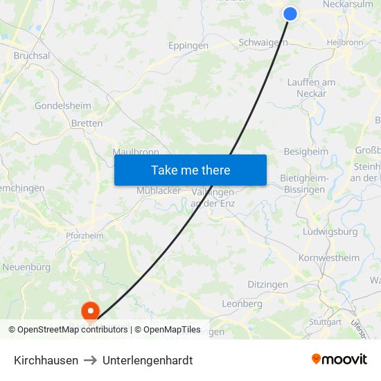 Kirchhausen to Unterlengenhardt map