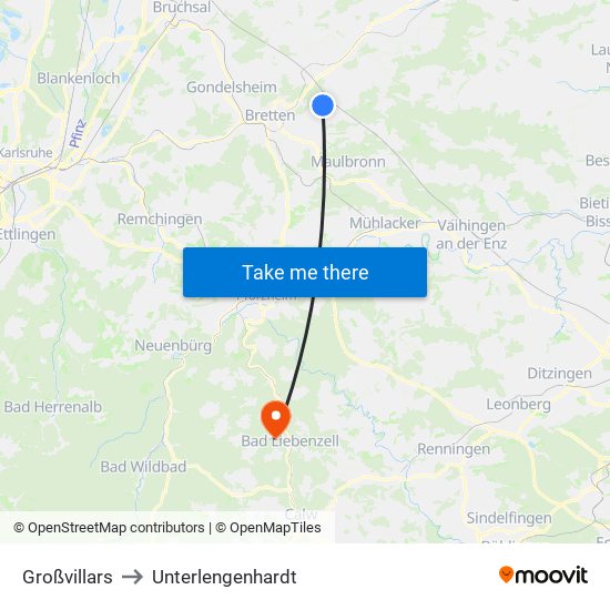 Großvillars to Unterlengenhardt map