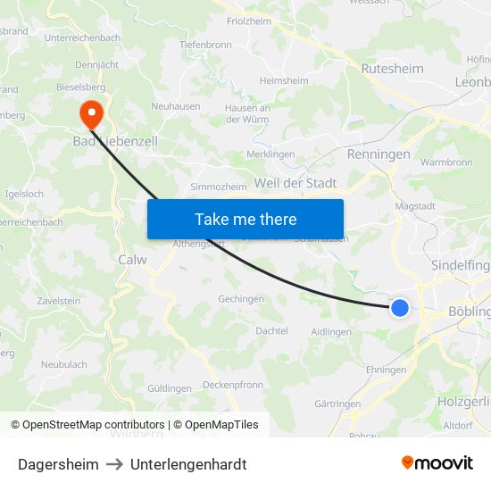 Dagersheim to Unterlengenhardt map