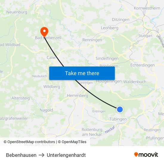 Bebenhausen to Unterlengenhardt map