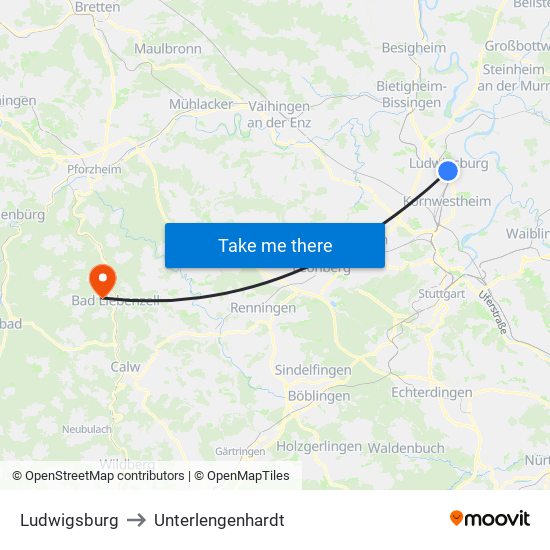 Ludwigsburg to Unterlengenhardt map