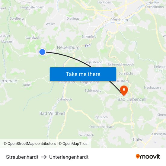 Straubenhardt to Unterlengenhardt map