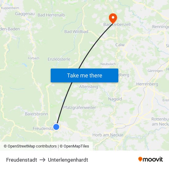 Freudenstadt to Unterlengenhardt map