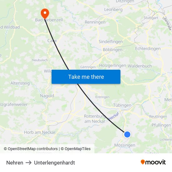 Nehren to Unterlengenhardt map