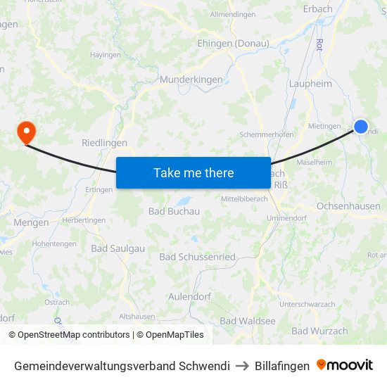 Gemeindeverwaltungsverband Schwendi to Billafingen map