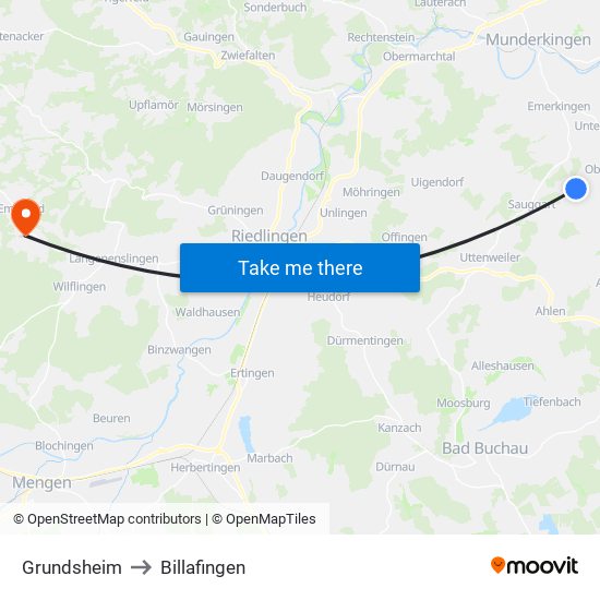 Grundsheim to Billafingen map