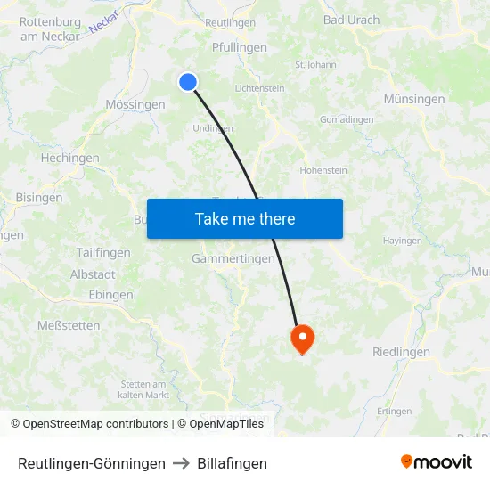 Reutlingen-Gönningen to Billafingen map