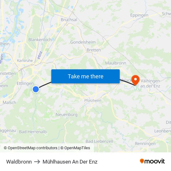 Waldbronn to Mühlhausen An Der Enz map