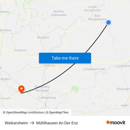 Weikersheim to Mühlhausen An Der Enz map