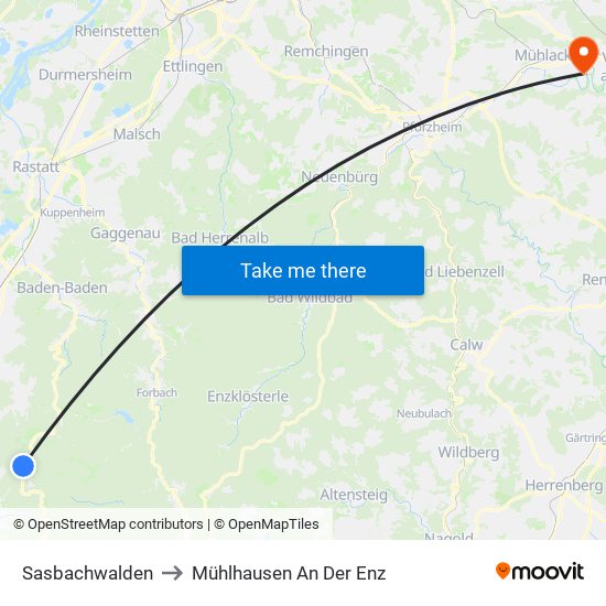 Sasbachwalden to Mühlhausen An Der Enz map