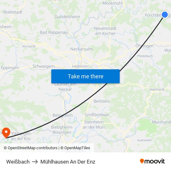 Weißbach to Mühlhausen An Der Enz map