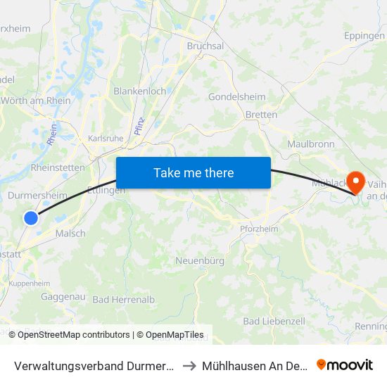 Verwaltungsverband Durmersheim to Mühlhausen An Der Enz map