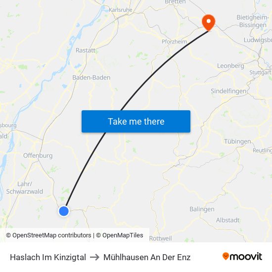 Haslach Im Kinzigtal to Mühlhausen An Der Enz map