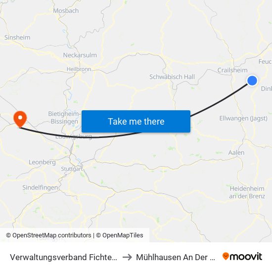 Verwaltungsverband Fichtenau to Mühlhausen An Der Enz map