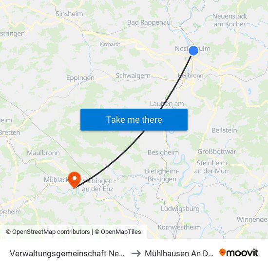Verwaltungsgemeinschaft Neckarsulm to Mühlhausen An Der Enz map