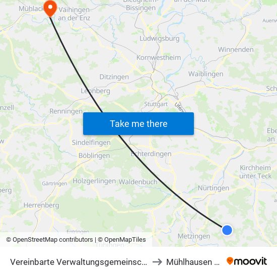 Vereinbarte Verwaltungsgemeinschaft Der Stadt Neuffen to Mühlhausen An Der Enz map