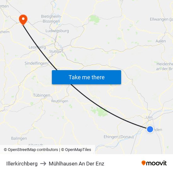 Illerkirchberg to Mühlhausen An Der Enz map