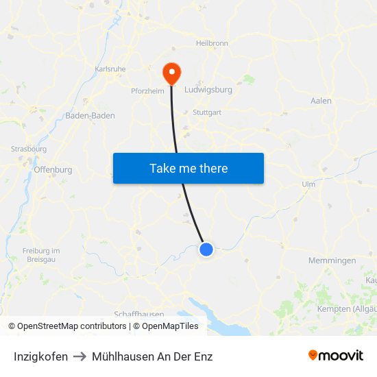 Inzigkofen to Mühlhausen An Der Enz map