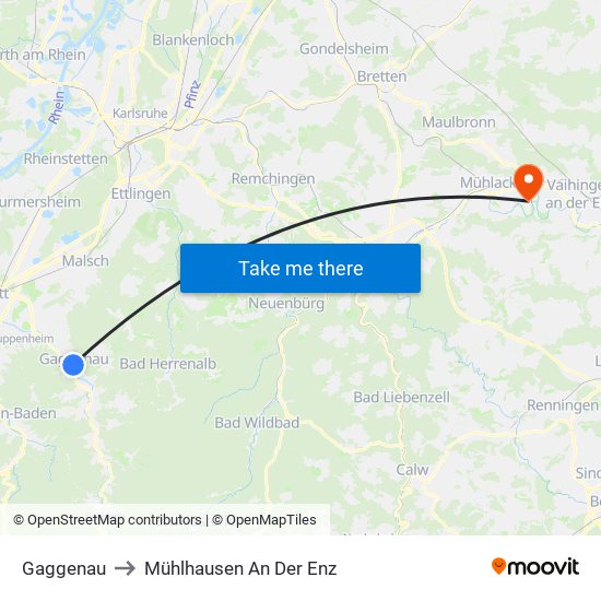 Gaggenau to Mühlhausen An Der Enz map