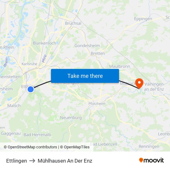 Ettlingen to Mühlhausen An Der Enz map
