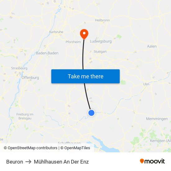Beuron to Mühlhausen An Der Enz map